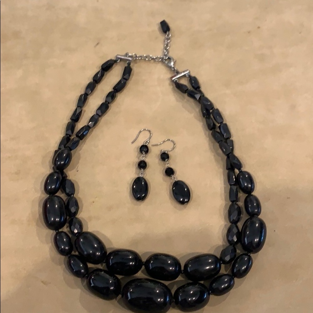 Chunky Black Bead Necklace and Earrings